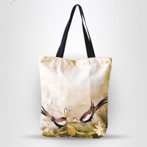 Bird & Water Lily Print Canvas Tote Bag