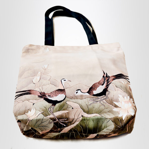 Bird & Water Lily Print Canvas Tote Bag-2