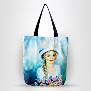 Girl With Flower Print Canvas Tote Bag
