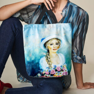 Girl With Flower Print Canvas Tote Bag-1