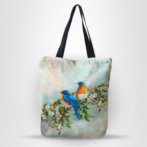 Blue Love Bird Print Canvas Tote Bag